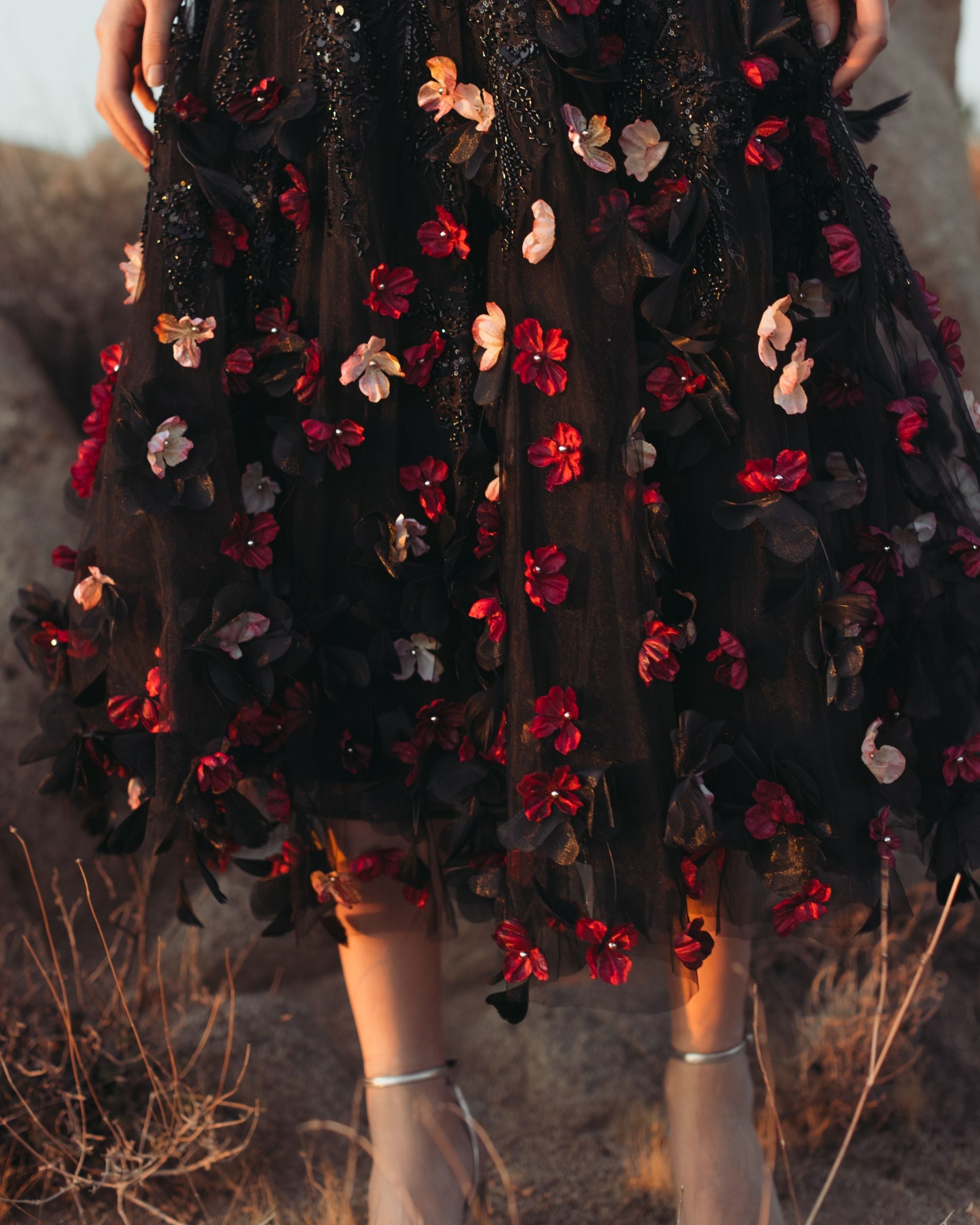 Black Sleeveless Beaded Midi Dress With 3D Flowers