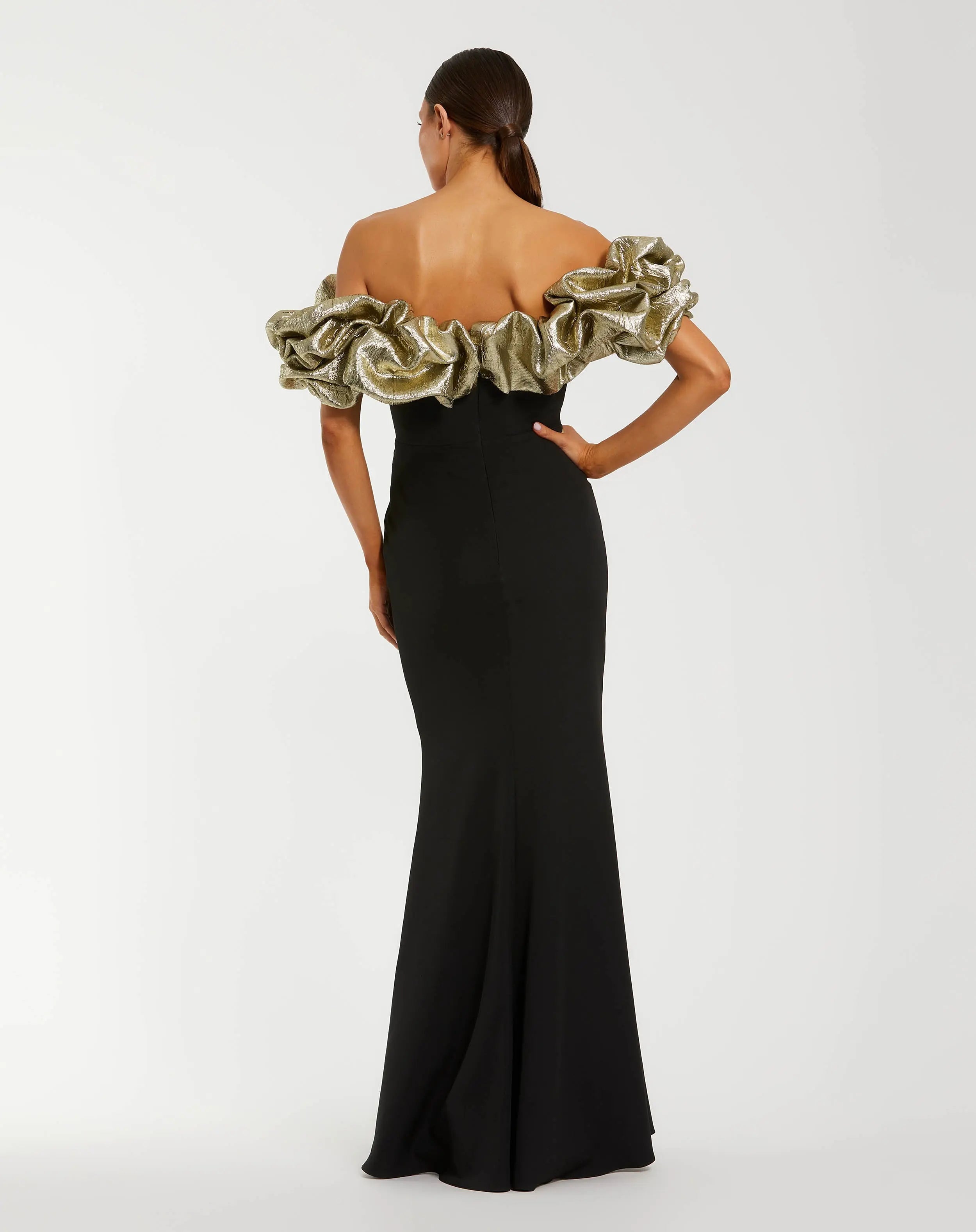 Black Mermaid Gown With Off The Shoulder Ruffle Detail