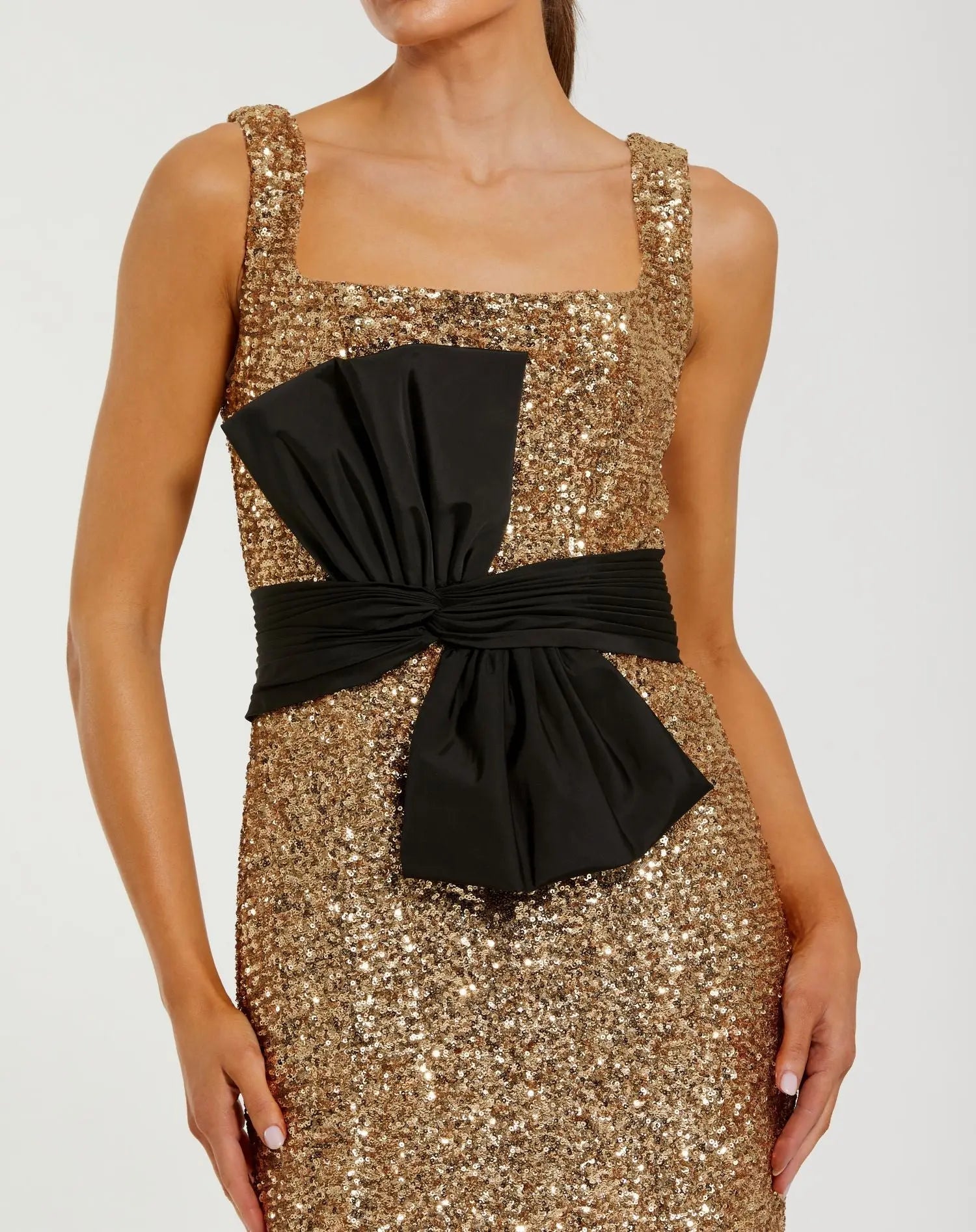 Gold Sequin Square Neck Column Gown With Faille Bow