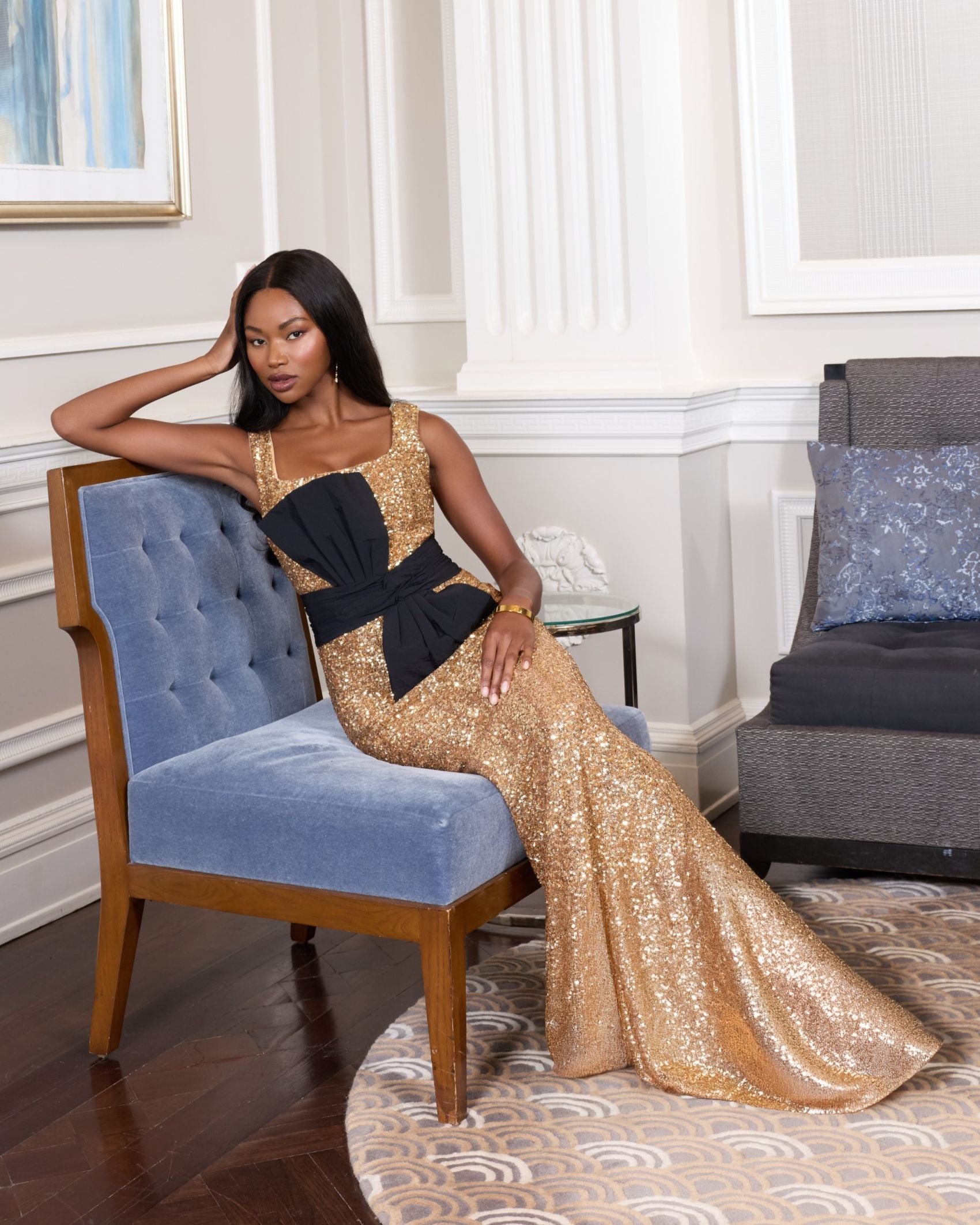 Gold Sequin Square Neck Column Gown With Faille Bow