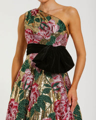 Multicolor One Shoulder Sequin Ball Gown With Velvet Bow