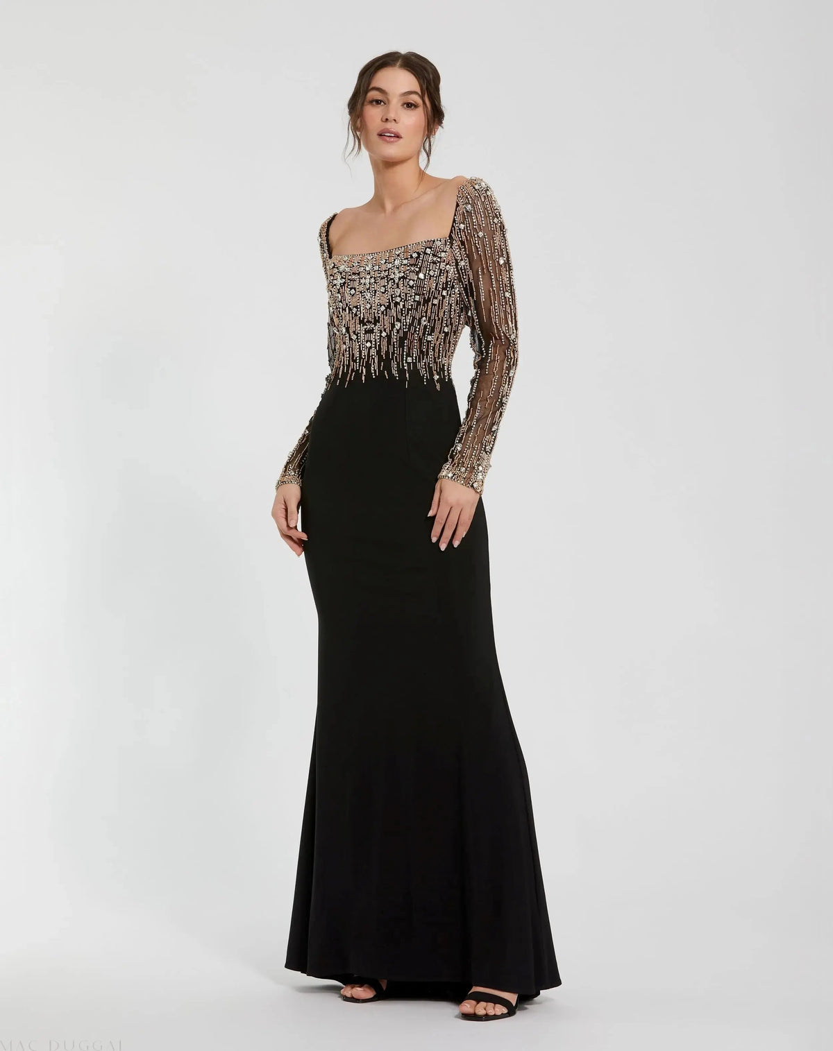Black Beaded Square Neck Long Sleeve Jersey Gown