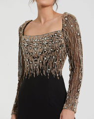 Black Beaded Square Neck Long Sleeve Jersey Gown