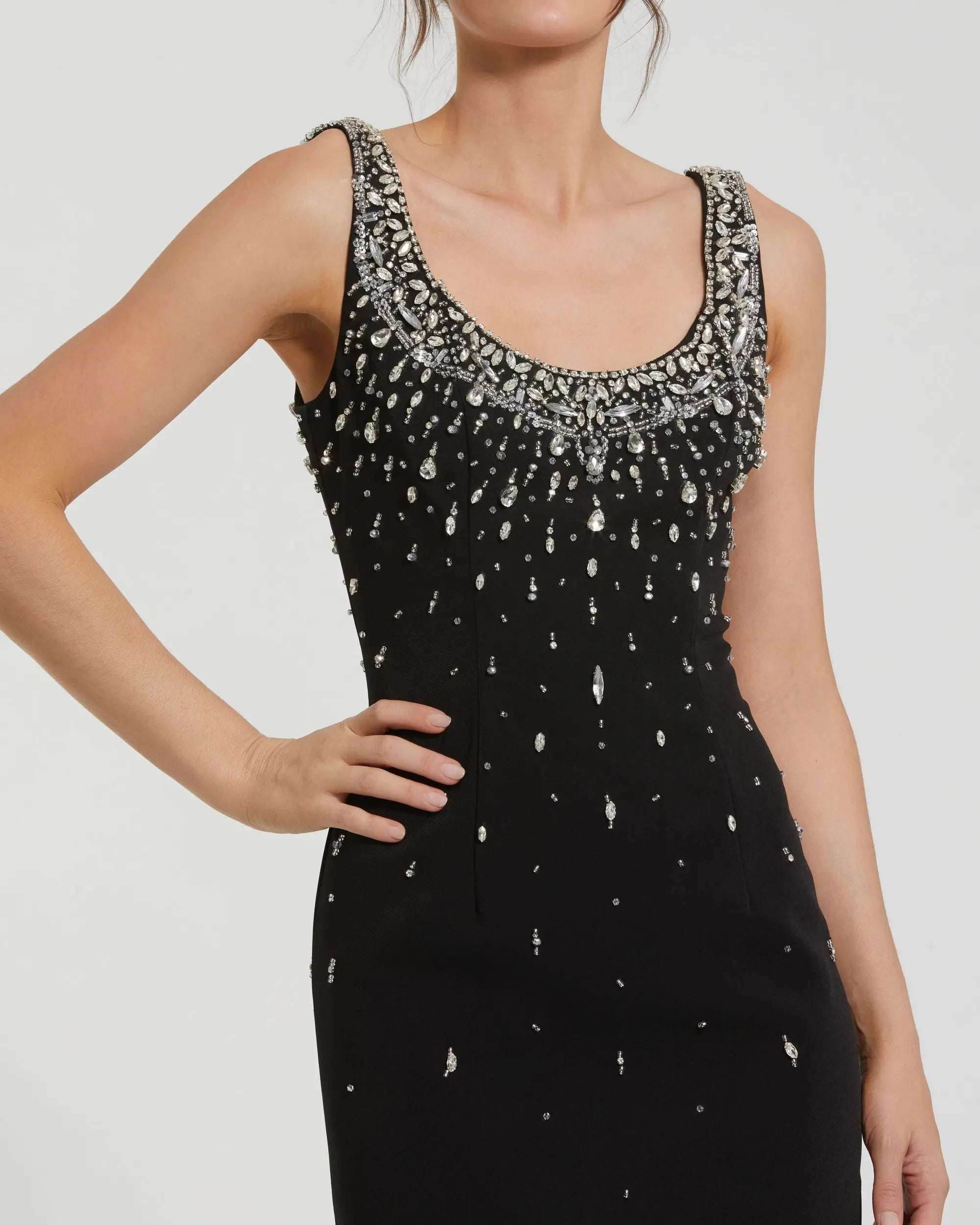 Black Beaded Crepe Scoop Neck Sleeveless Midi Dress