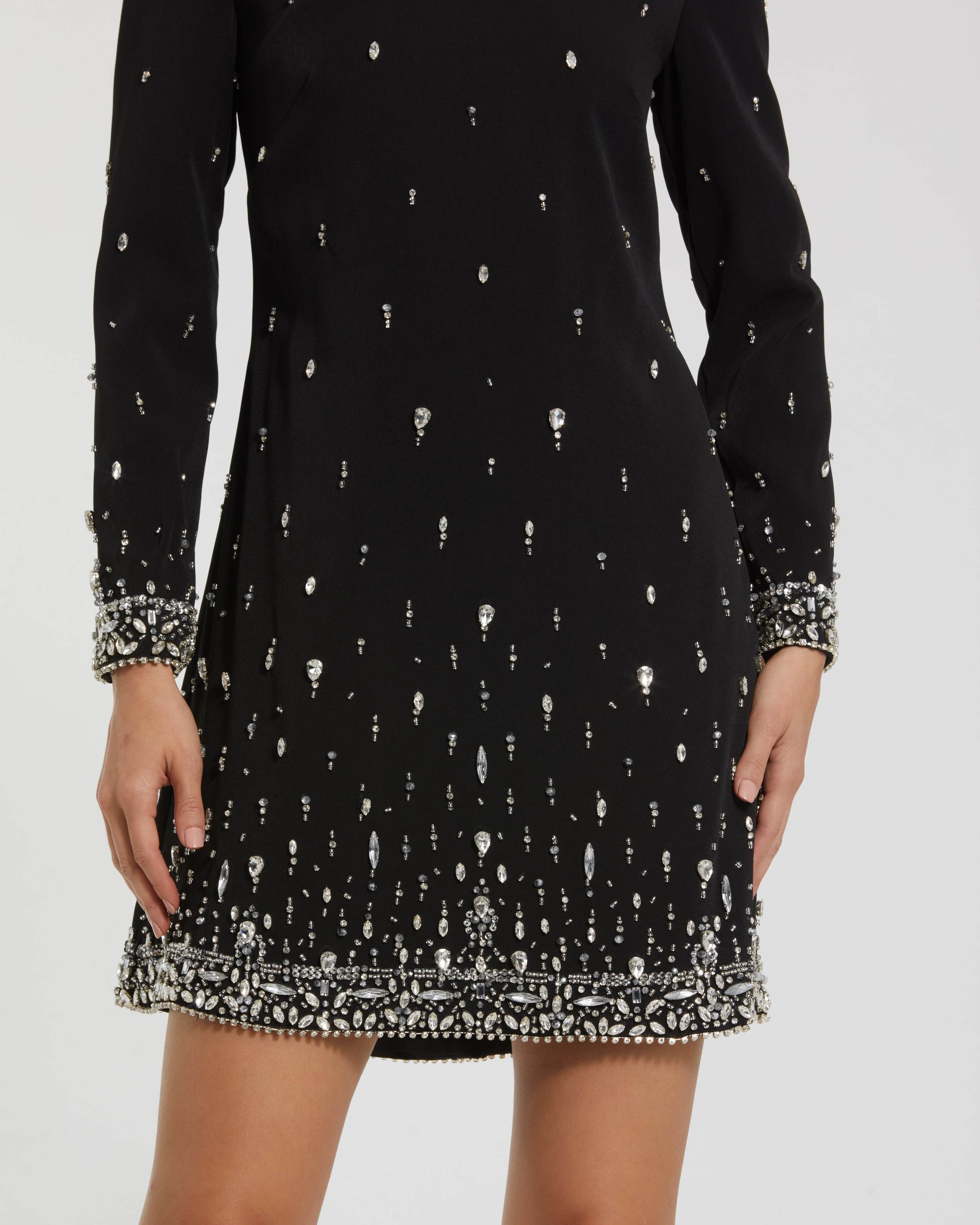 Black Embellished Crepe Long Sleeve Mini Dress