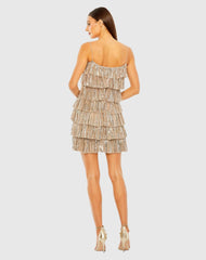 Gold Beaded Strap Sequin Ruffle Mini Dress