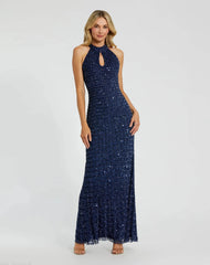 Navy Embellished Halter Neck Keyhole Gown