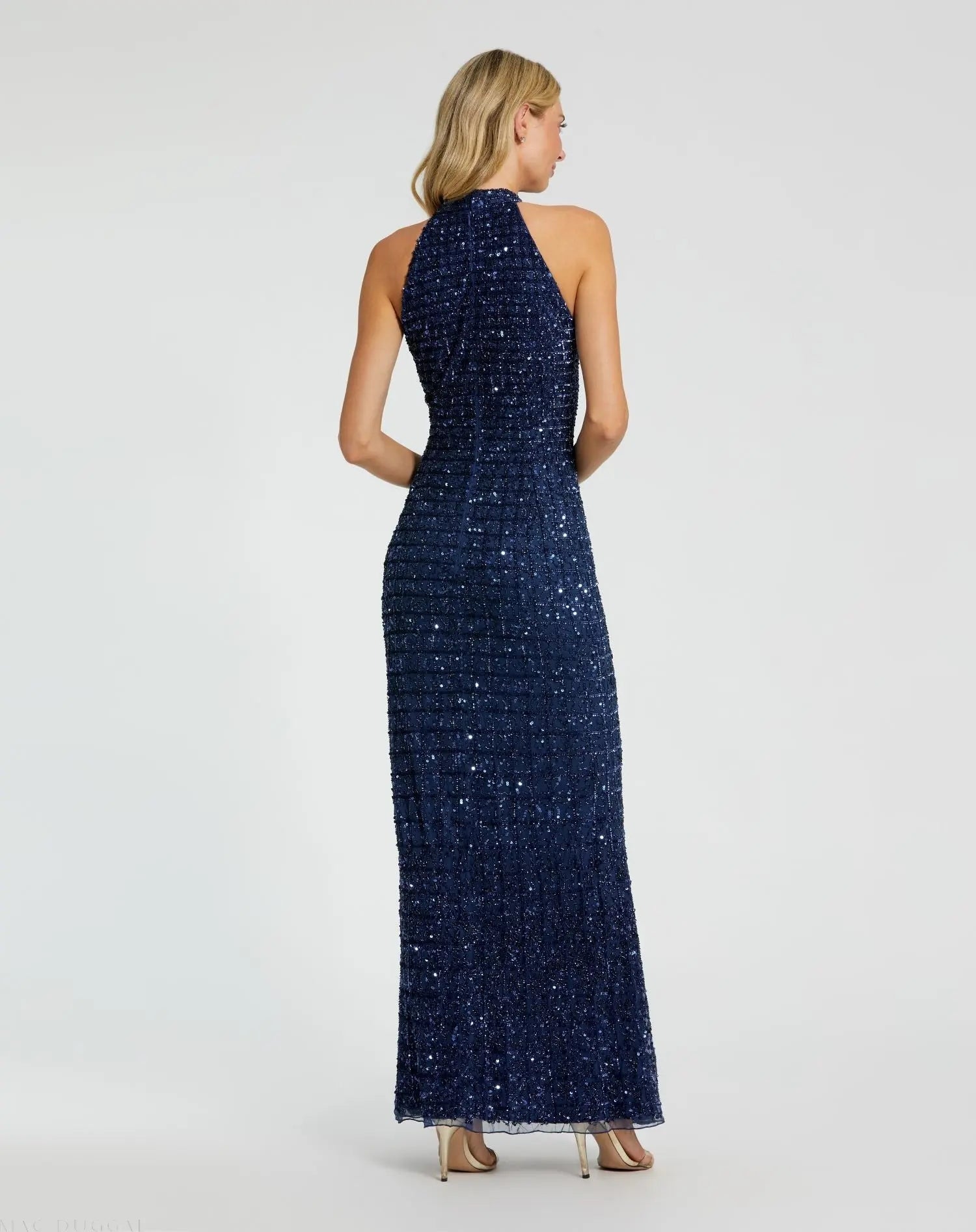 Navy Embellished Halter Neck Keyhole Gown