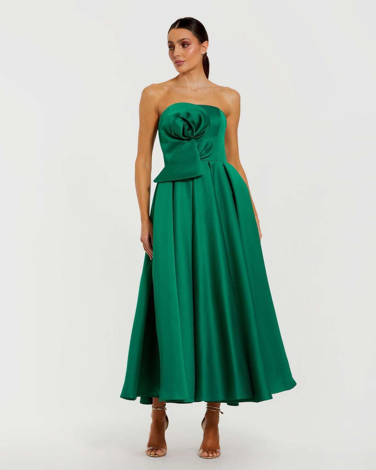 Green Strapless Satin A Line Midi Dress With 3D Flower