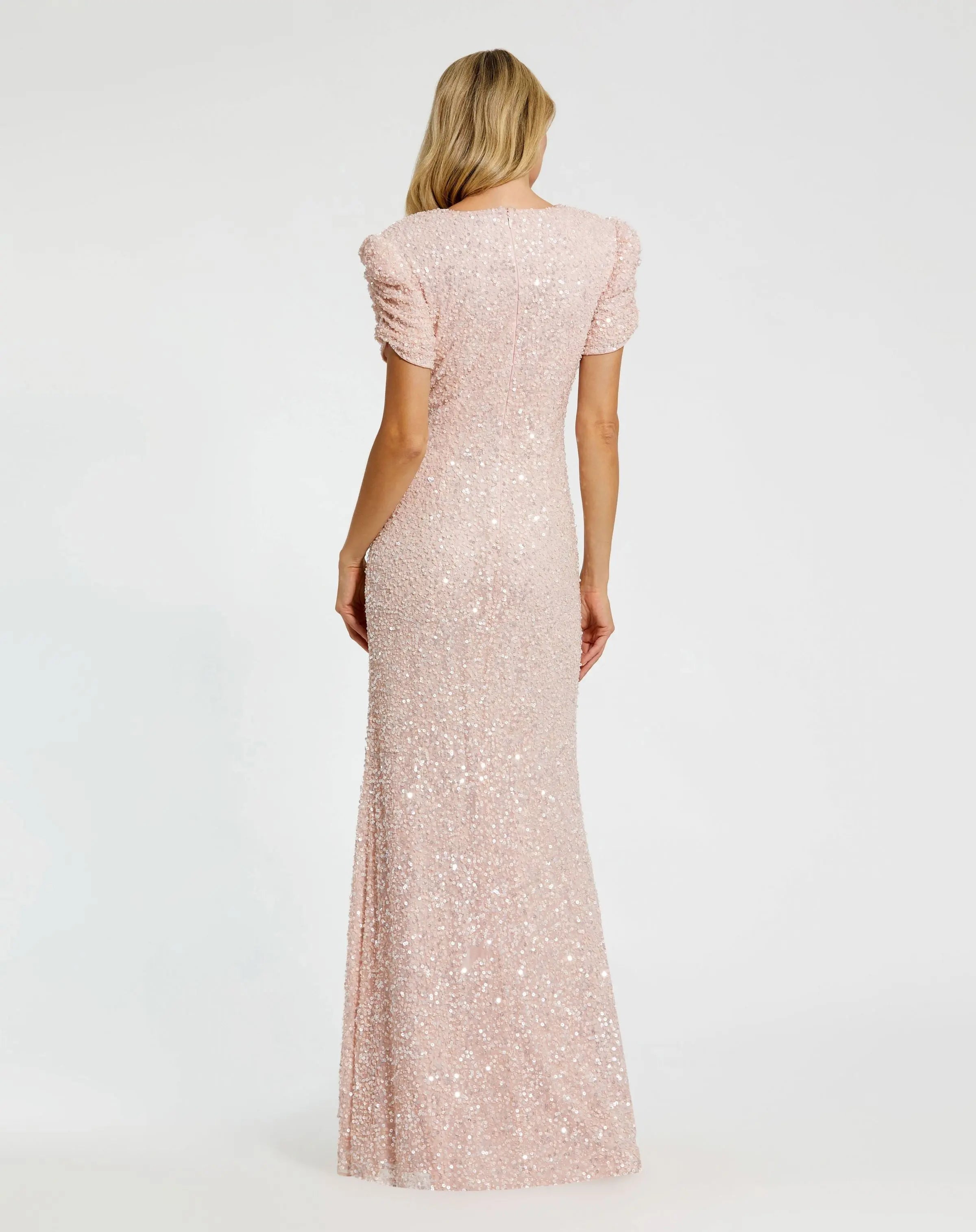 Pink Gathered Short Sleeve Embellished Gown