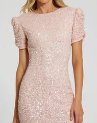 Pink Gathered Short Sleeve Embellished Gown