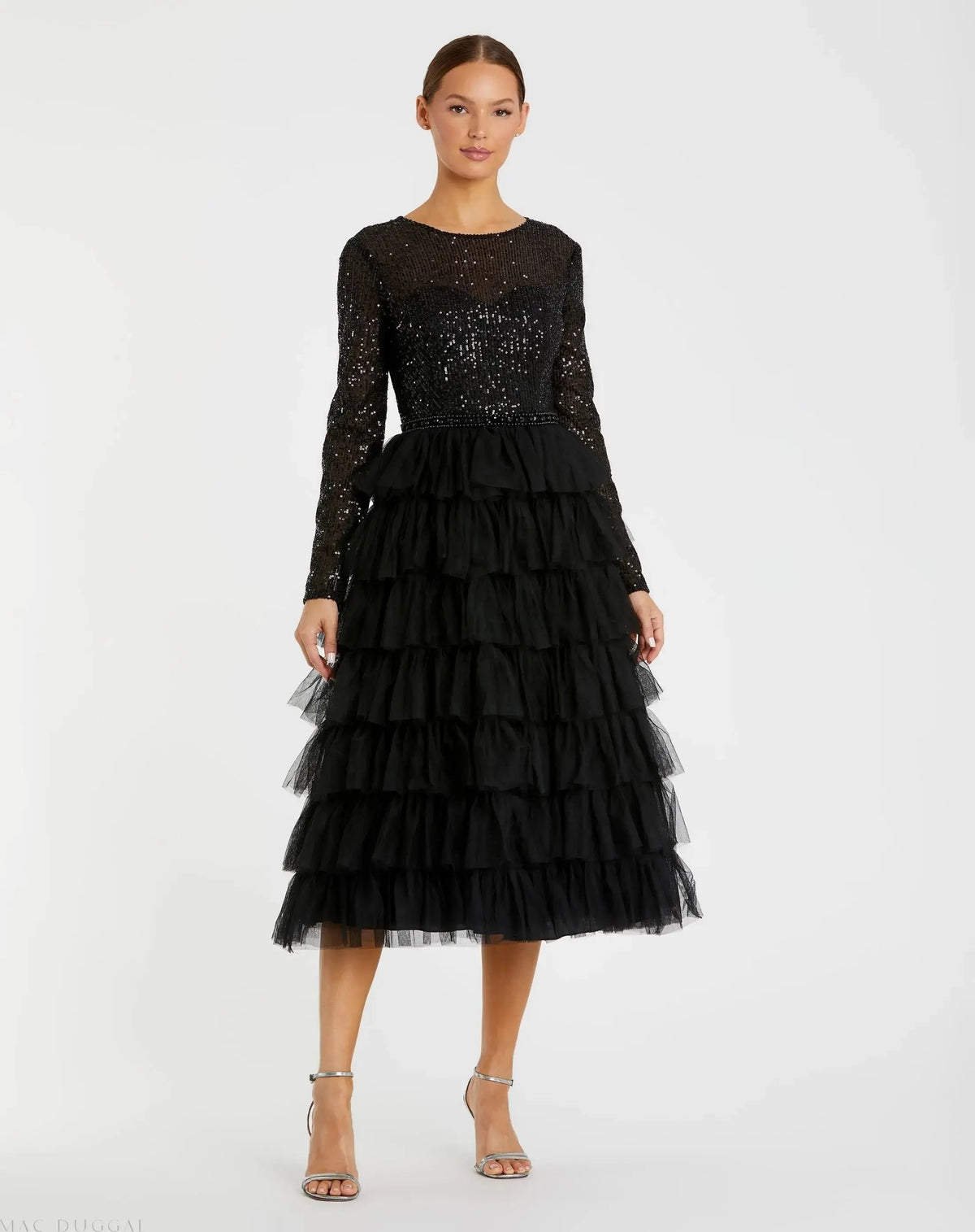 Black Long Sleeve Ruffle Tiered Midi Dress