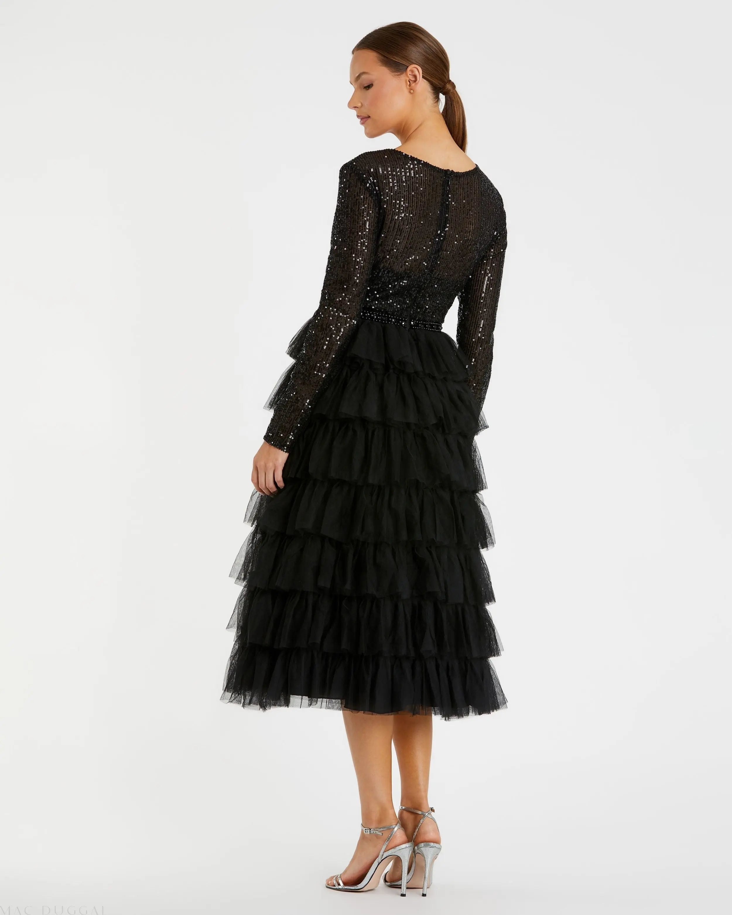 Black Long Sleeve Ruffle Tiered Midi Dress