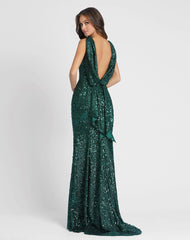 Green Cowl Back Boat Neck Sequined Evening Gown