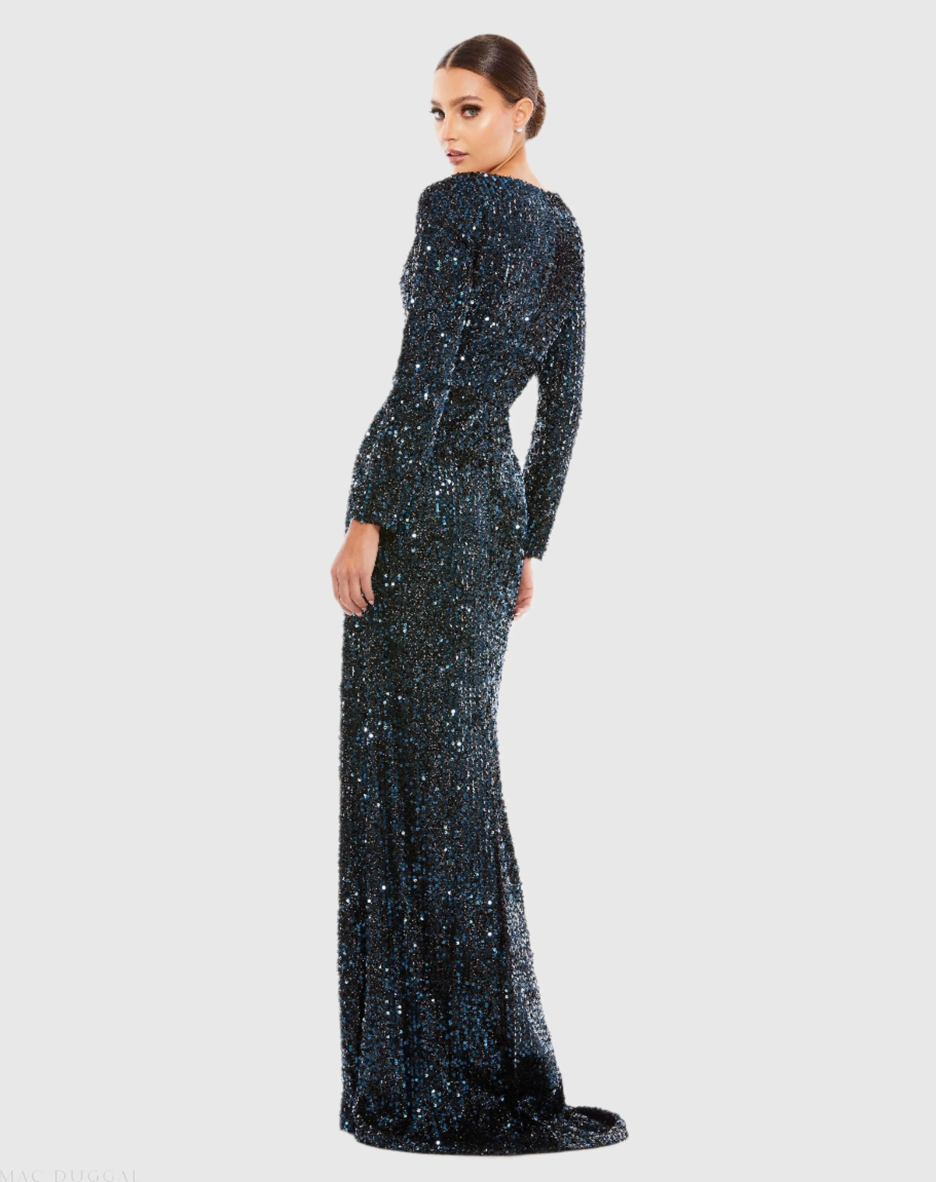 Navy Long Sleeve Sequined Gown
