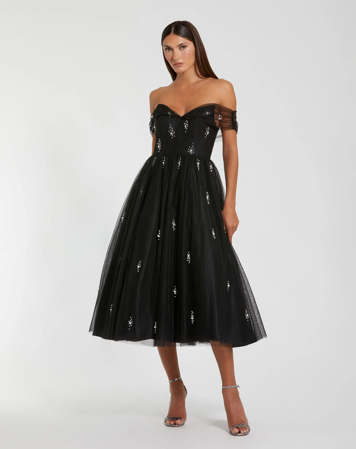 Black Tulle Off The Shoulder Pearl Embellished Cocktail Dress