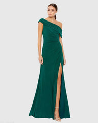 Dark Green Foldover Off-the-Shoulder Slit Gown
