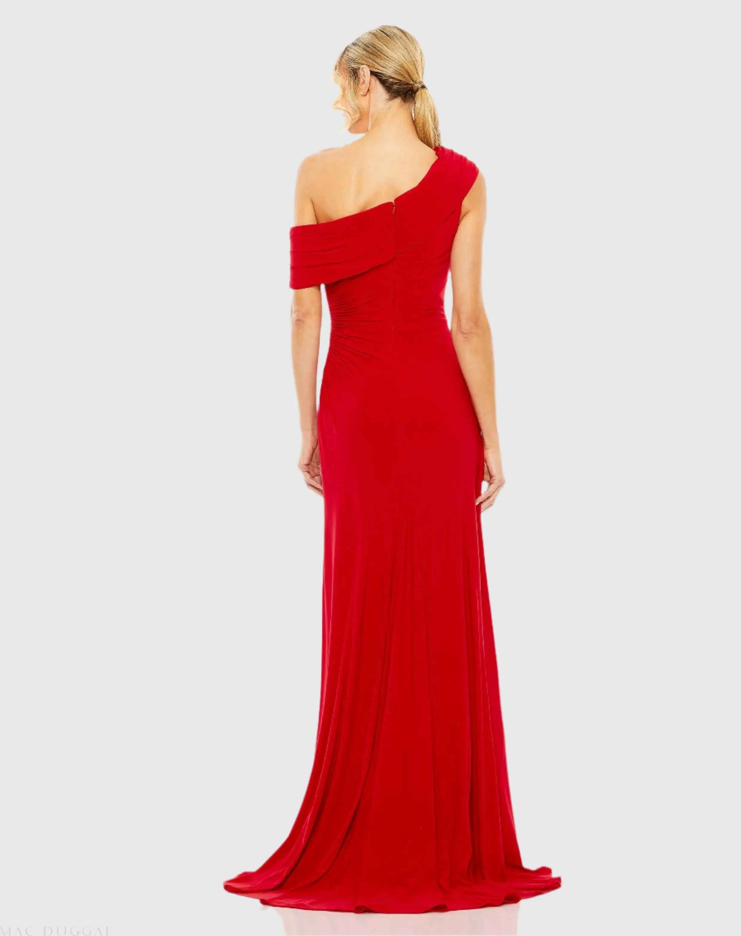 Red Foldover Off-the-Shoulder Slit Gown