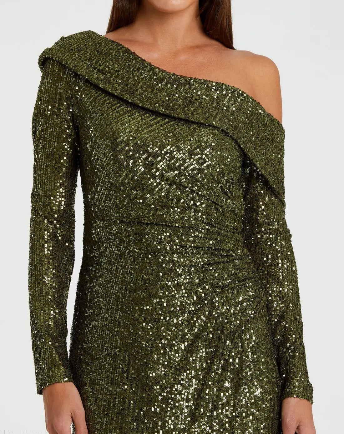 Green One Shoulder Sequin Long Sleeve Midi Dress