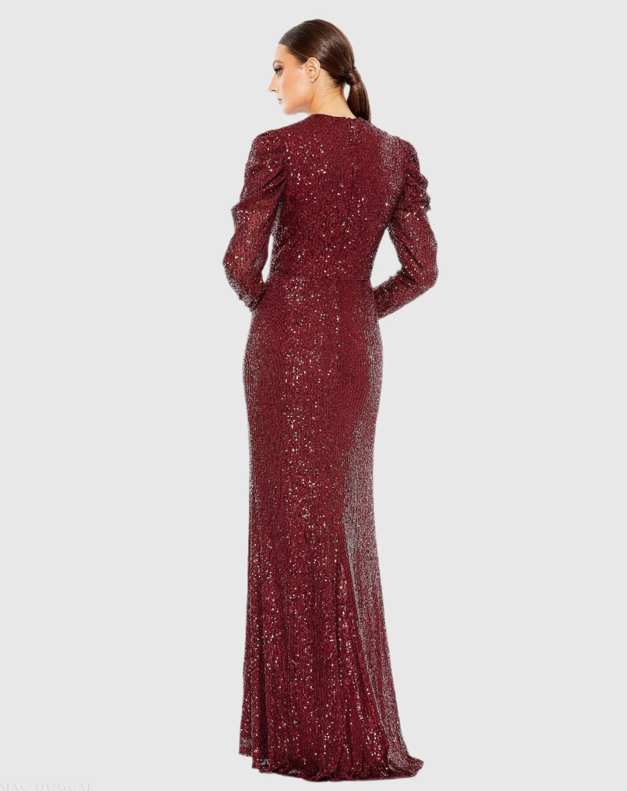 Red Sequined High Neck Puff Long Sleeve Column Gown