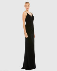 Black Faux Wrap V Neck Open Back Gown