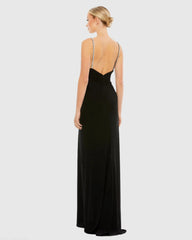 Black Faux Wrap V Neck Open Back Gown