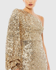 Gold Sequined One Shoulder Bishop Sleeve Trumpet Gown