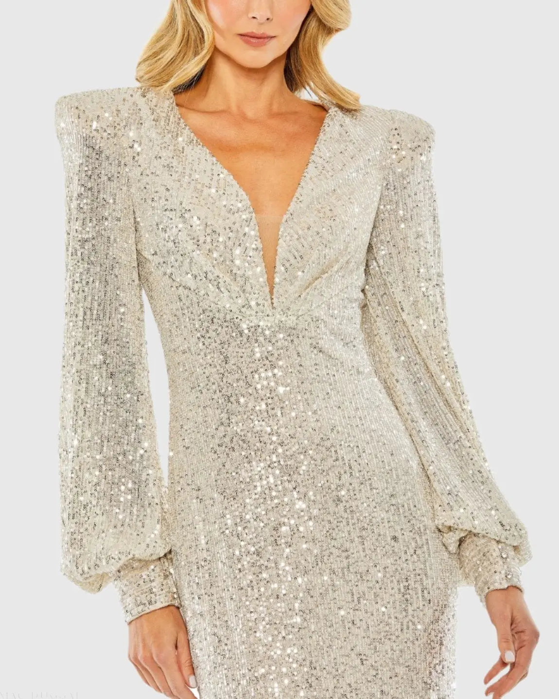 Silver Sequined Plunge Neck Structured Bishop Sleeve Gown