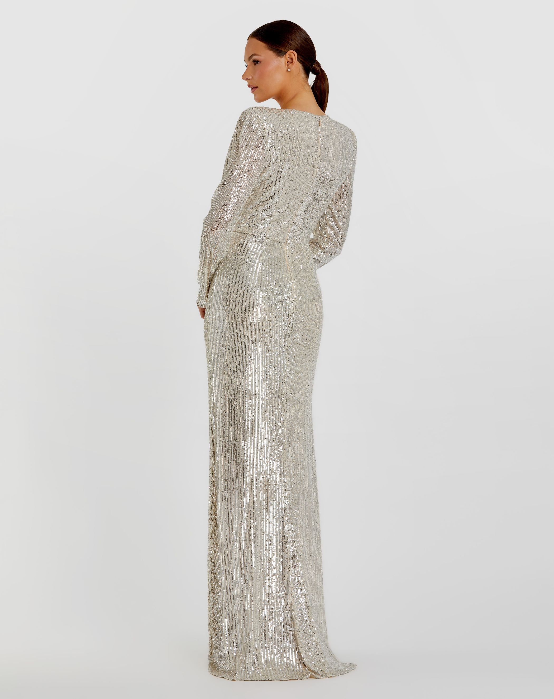 Silver Sequined Long Sleeve Faux Wrap Ruched Gown