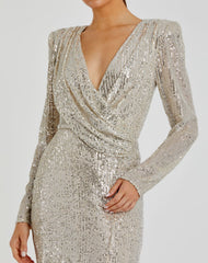 Silver Sequined Long Sleeve Faux Wrap Ruched Gown