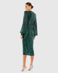 Green Sequined Structured Bishop Sleeve Midi Dress