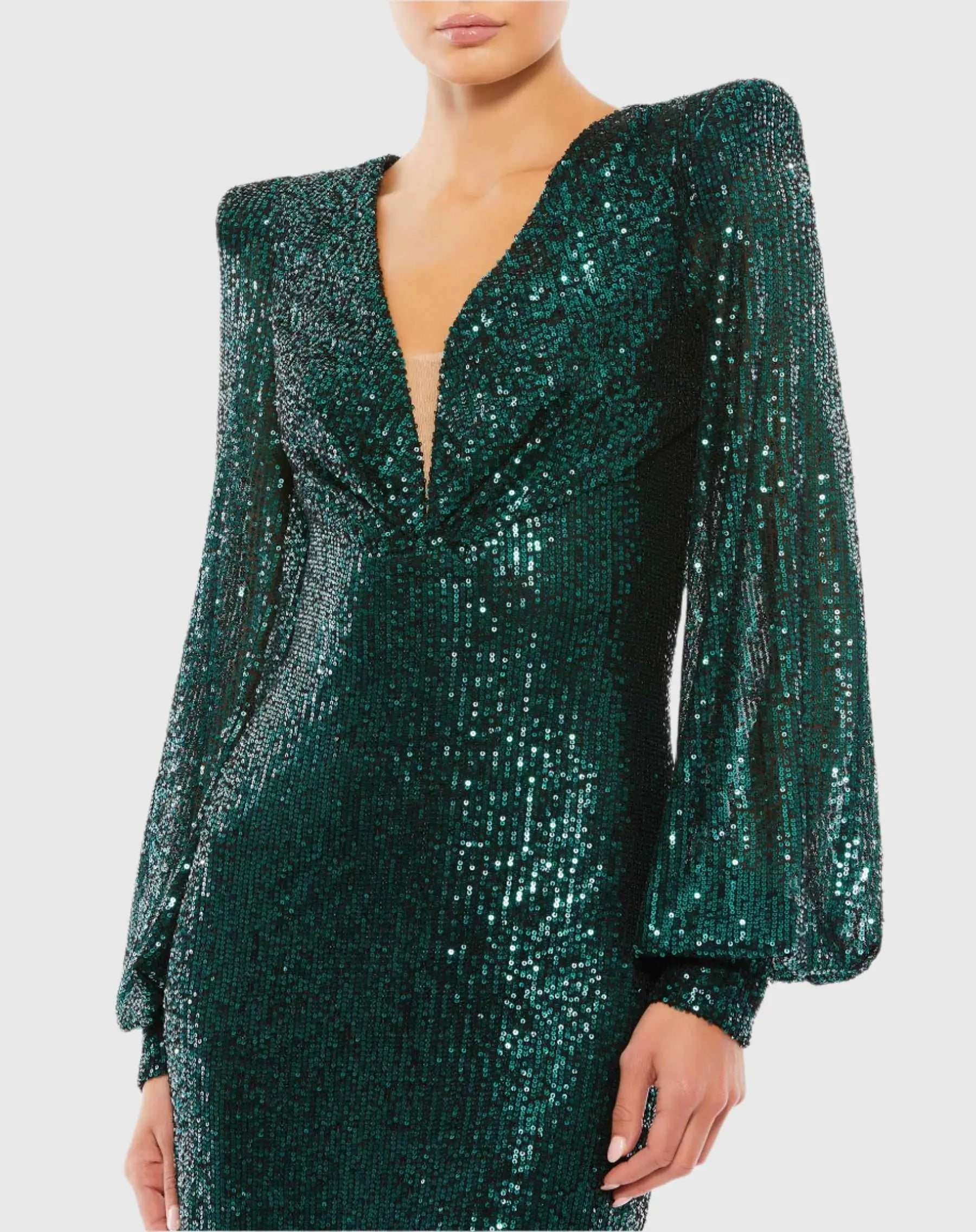 Green Sequined Structured Bishop Sleeve Midi Dress