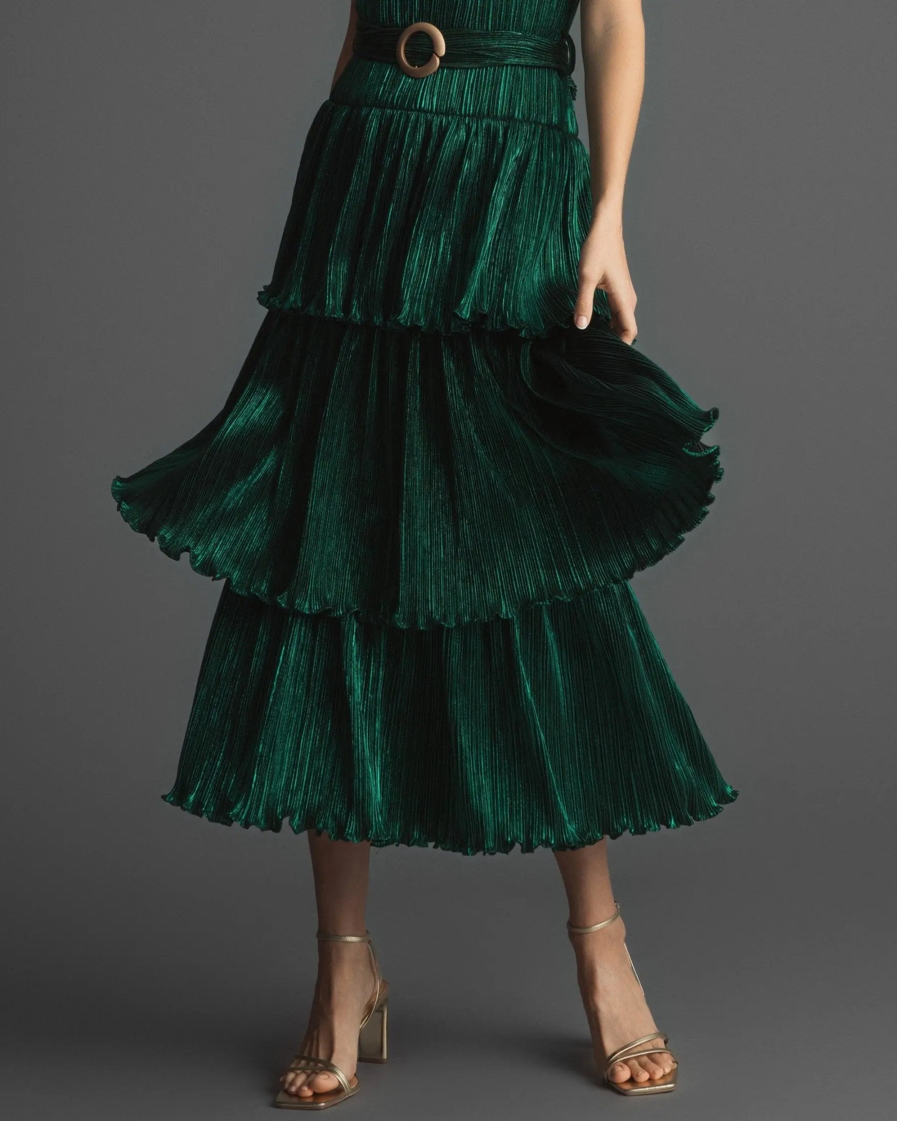 Green Ruffle Tiered Buckle Detail Dress