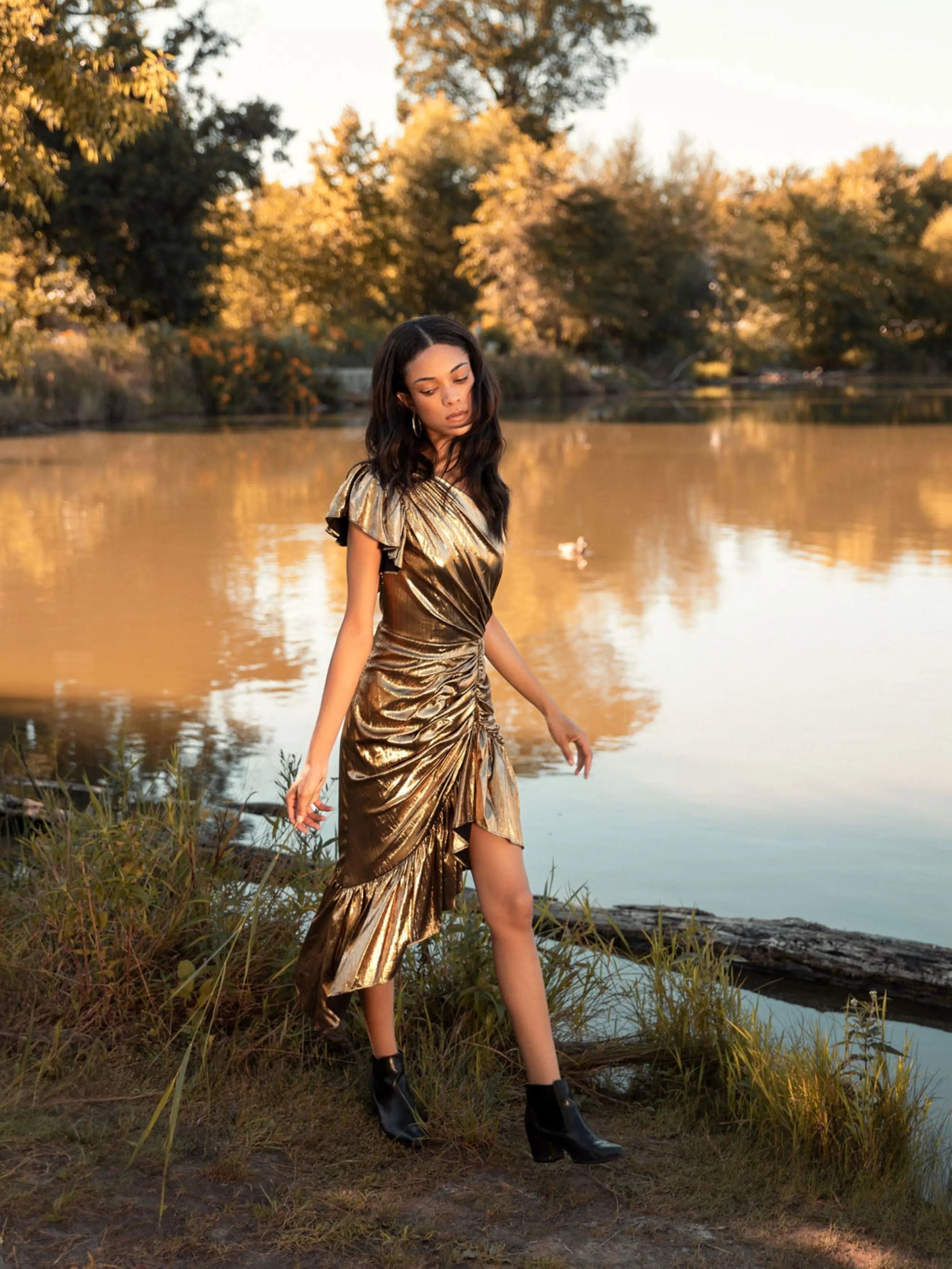 Gold One Shoulder Flutter Sleeve High Low Dress