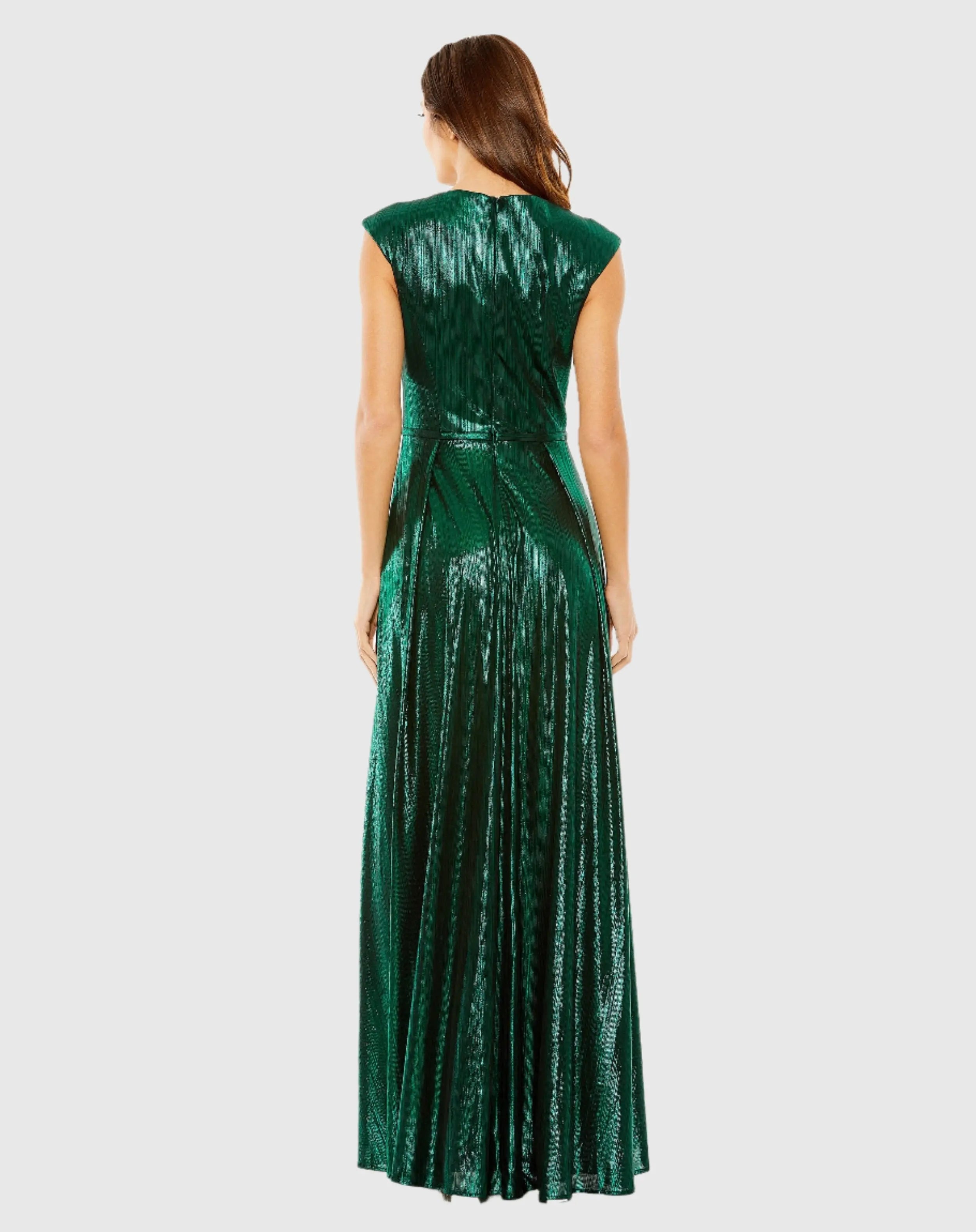 Green Cap Sleeve Deep V Neck High Slit Metallic Gown