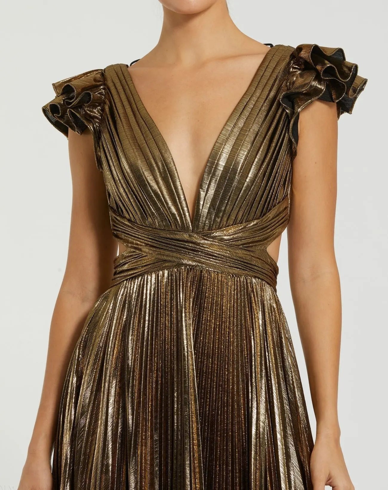 Gold Ruffle Sleeve Cutout Pleated Metallic Gown