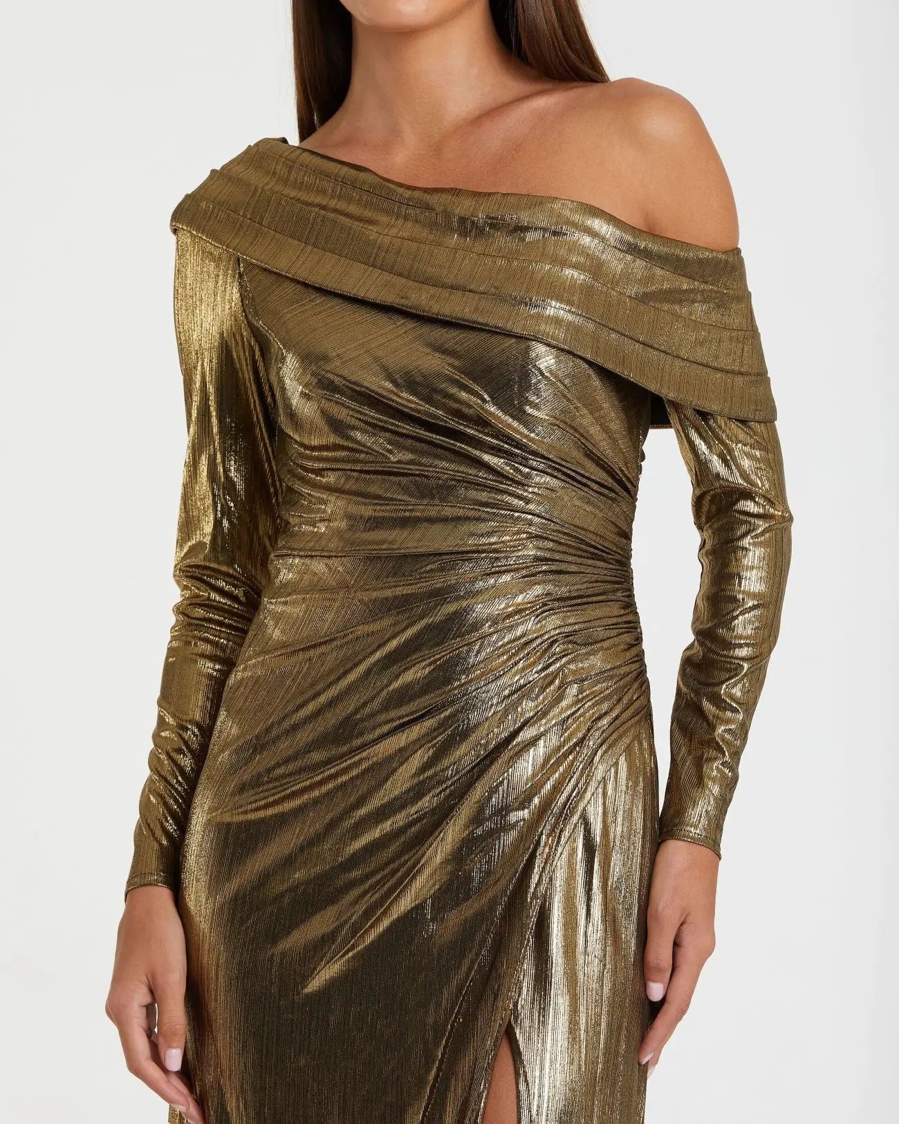Gold Long Sleeve Off the Shoulder Metallic Gown
