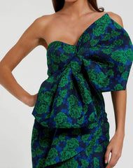 Blue and Green Strapless Brocade Fitted Gown With Oversized Bow