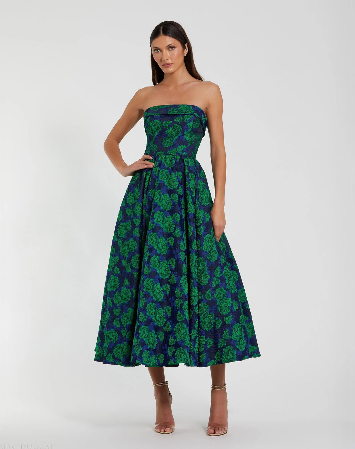 Blue and Green Brocade Strapless A Line Midi Dress