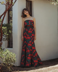 Black Strapless Floral Brocade Mermaid Gown