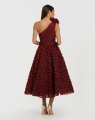 Red One Shoulder Rosette A Line Midi Dress with 3D Flower