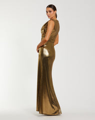 Gold Metallic Sleeveless Cowl Neck Trumpet Gown With Belt