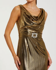 Gold Metallic Sleeveless Cowl Neck Trumpet Gown With Belt