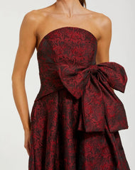 Red Strapless Brocade Gown With Bow Detail