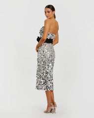 Silver Strapless Paillette Column Midi Dress With Bow