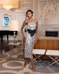 Silver Strapless Paillette Column Midi Dress With Bow