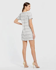 White Short Sleeve Boucle Mini Dress with Bow