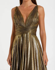 Gold Sleeveless V Neck Pleated Top Metallic Dress