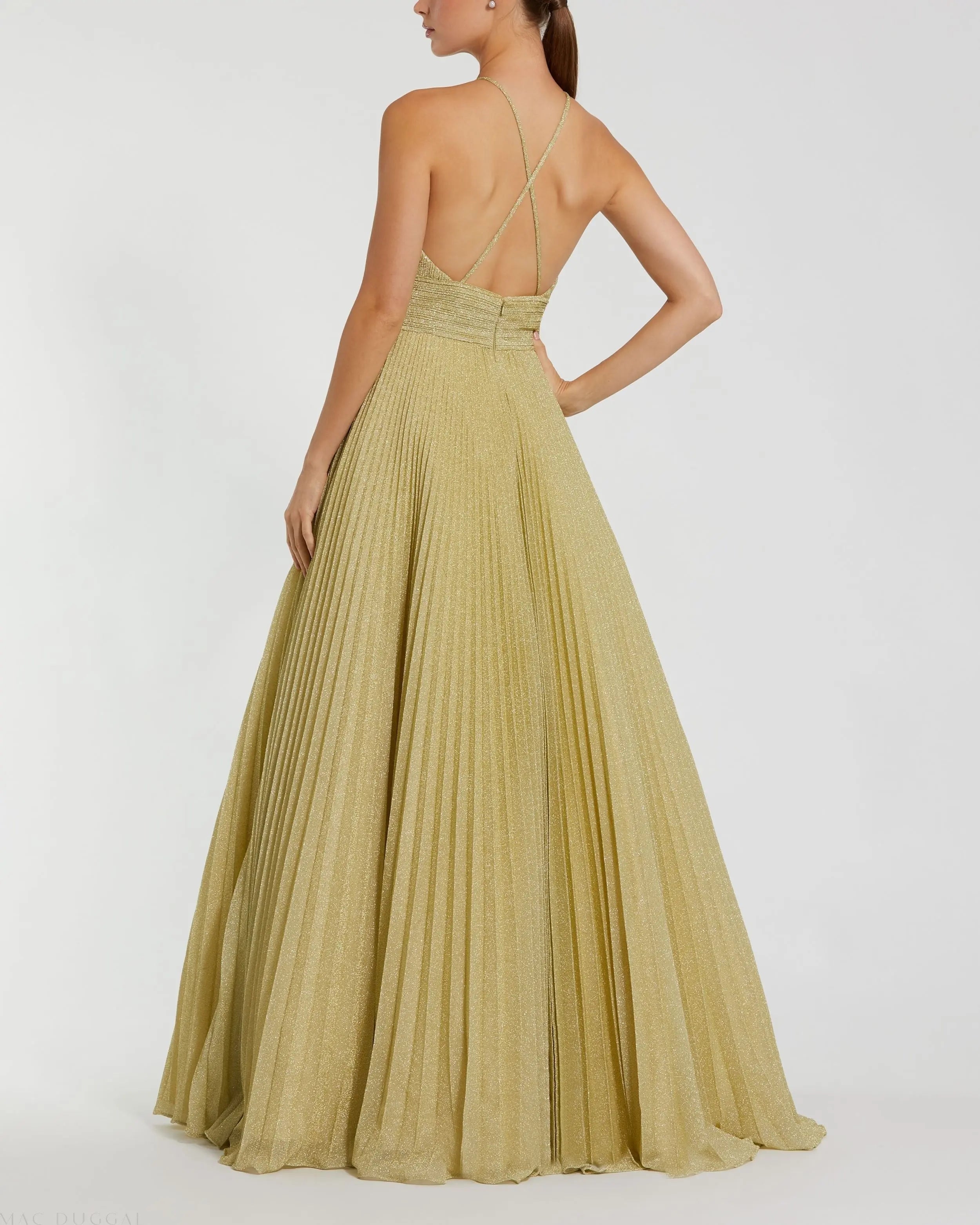 Gold Shimmering Pleated High Neck Ball Gown