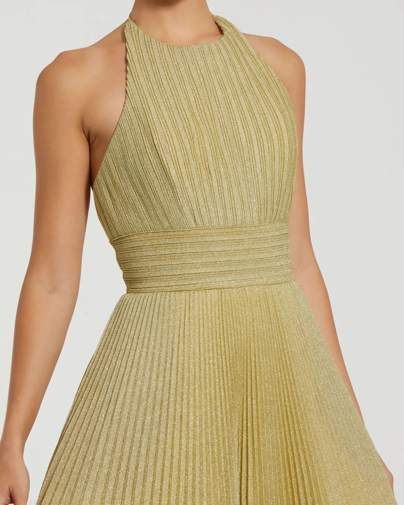 Gold Shimmering Pleated High Neck Ball Gown